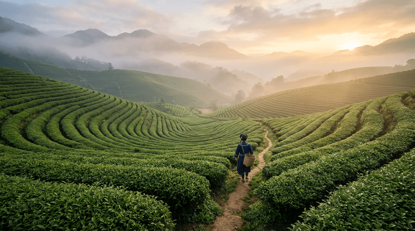 Equipo PureTea en plantación de té en Asia — selección de proveedores en origen